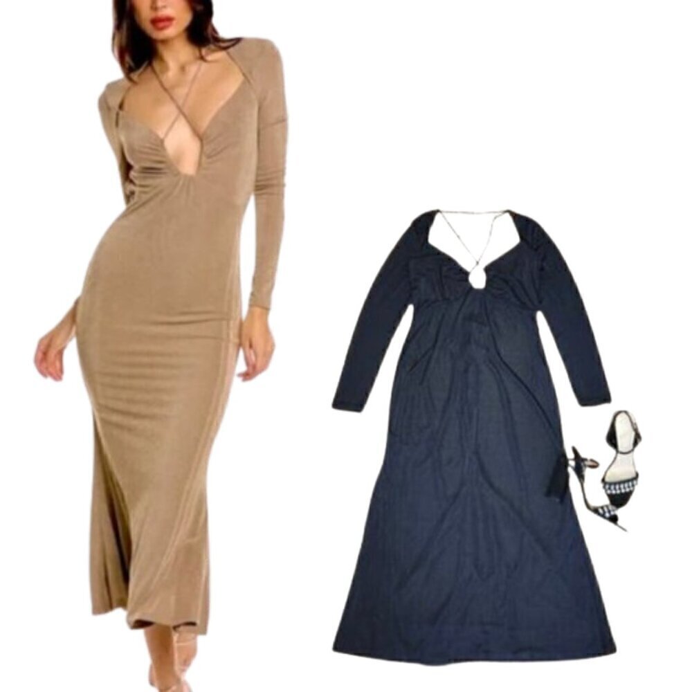 NWT JASON WU Black designer long sleeve backless midi cocktail dress